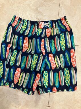 OP Boys Navy Swim Trunks with Multicolor Surf Stripe Print
